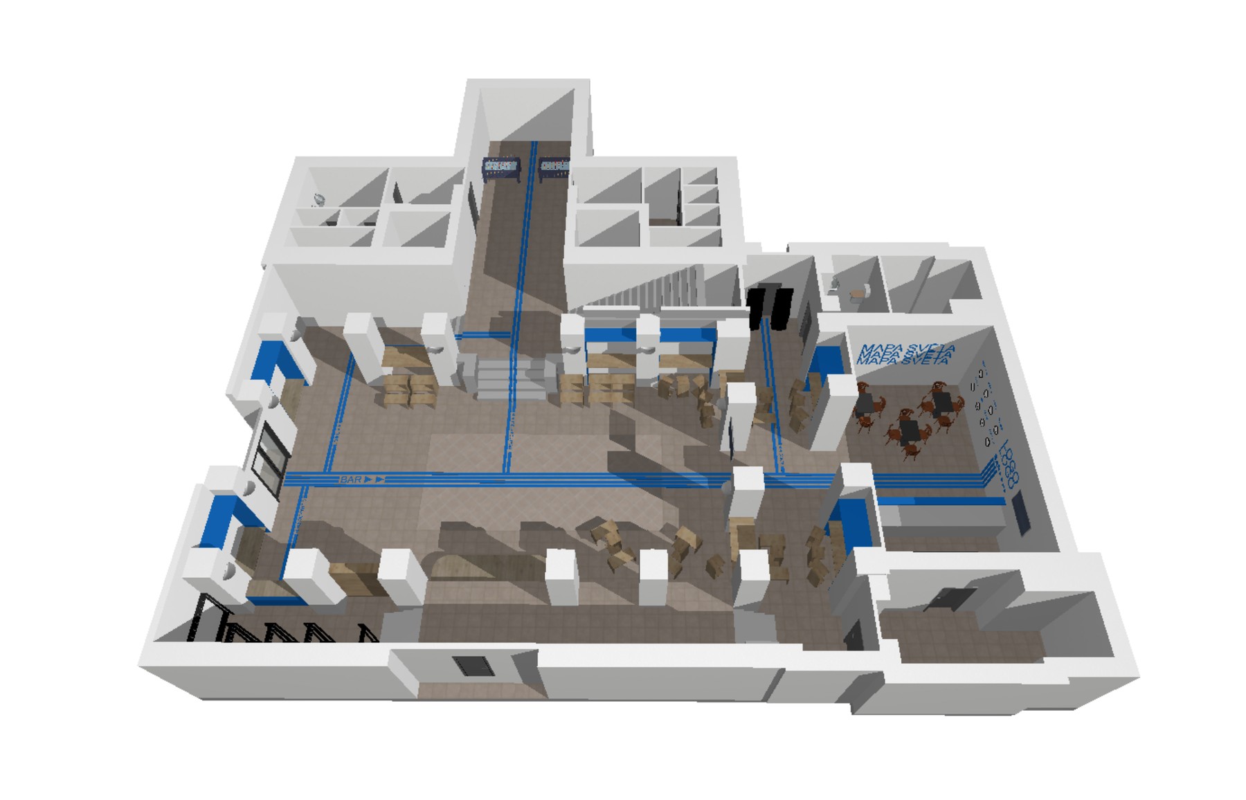 Axonometric floor plan of ISC HUB showing the bar, the hall, table football and the back rooms